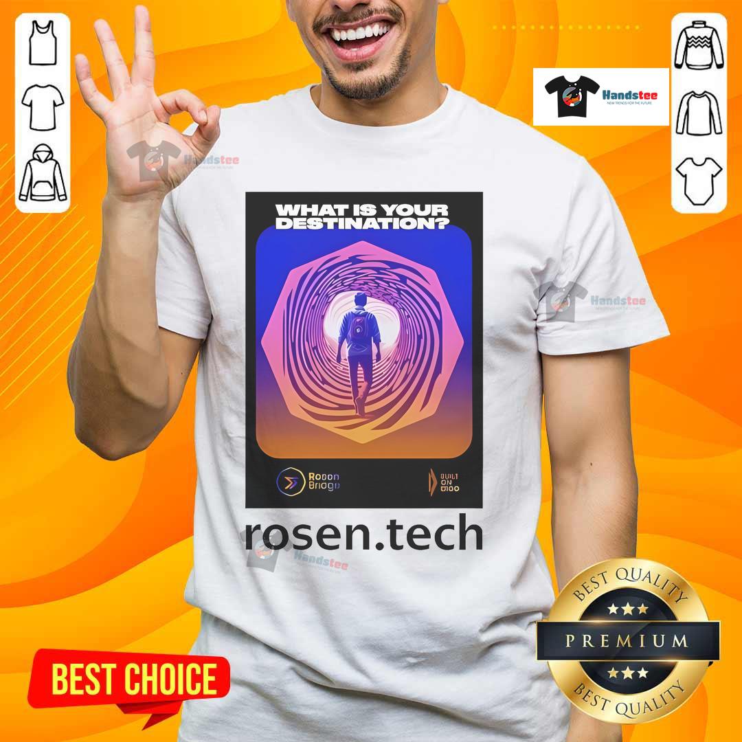 Official Daniel Friedman 'What Is Your Destination' Rosen.Tech T-Shirt featuring a stylish design and vibrant colors.
