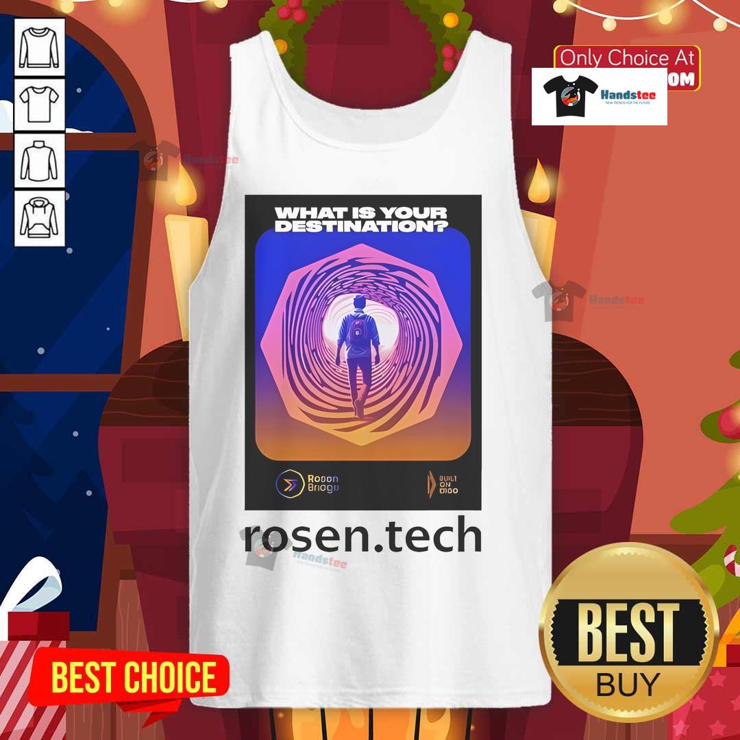 Alt Text: Official Daniel Friedman 'What Is Your Destination' Rosen Tech tank top showcasing modern design and vibrant colors.