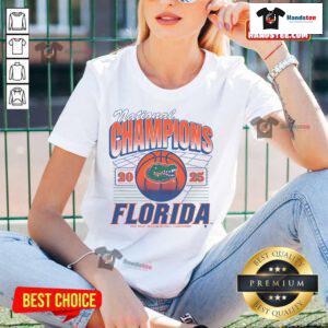 Official Florida Gators National Champions 2025 NCAA Basketball ladies tee featuring team logo and winning design.