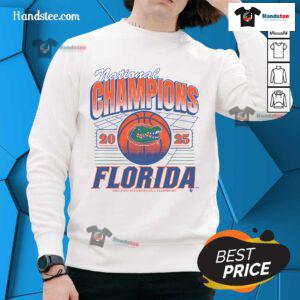 Official Florida Gators National Champions 2025 NCAA Basketball sweatshirt featuring team logo and championship graphics.
