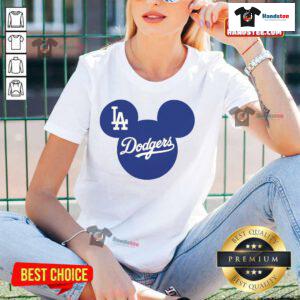 Official Mickey Los Angeles Dodgers Mickey Mouse baseball ladies tee featuring LA Dodgers logo and stylish design.
