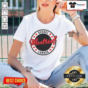 Original Quebec Montreal Canada script circle leaf design on a ladies tee shirt, perfect for casual wear.