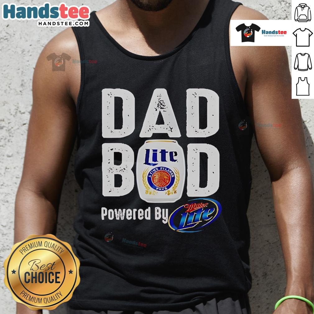 Man wearing a 'Good Dad Bod Powered by Miller Lite' tank top, enjoying a sunny day outdoors with friends.