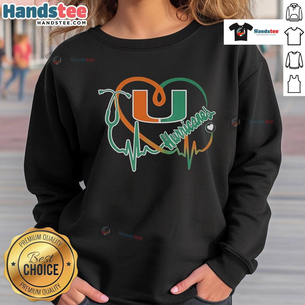 Alt Text: Cozy Good Miami Hurricanes Caring Heartbeat Nurse Sweatshirt featuring vibrant team colors and a heart design.