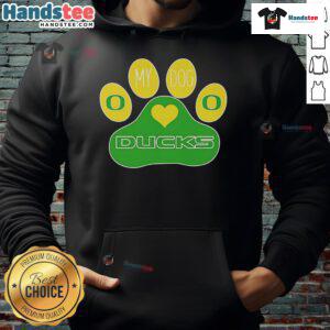 Good Paw My Dog wearing an Oregon Ducks hoodie, showcasing team spirit and adorable canine style.
