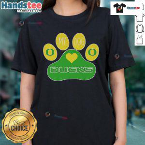 Alt Text: Good Paw My Dog Oregon Ducks Ladies Tee featuring vibrant team colors and a stylish design for fans.