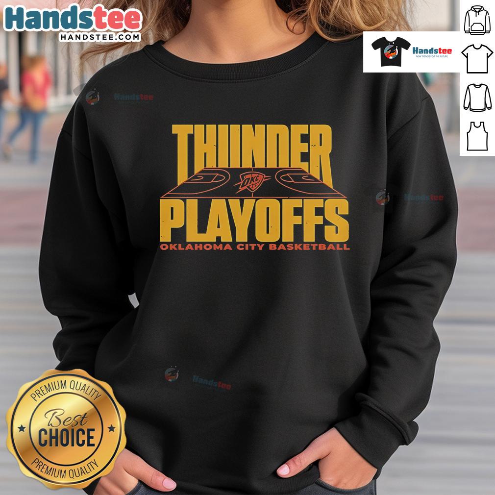 Oklahoma City Basketball sweatshirt featuring 'Good Thunder Reveal Game 2 Playoffs 25' design for fans and players.