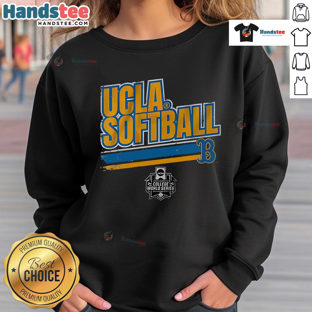 Alt Text: Women's UCLA Softball College World Series stripe sweatshirt in blue and gold, perfect for fans and athletes.