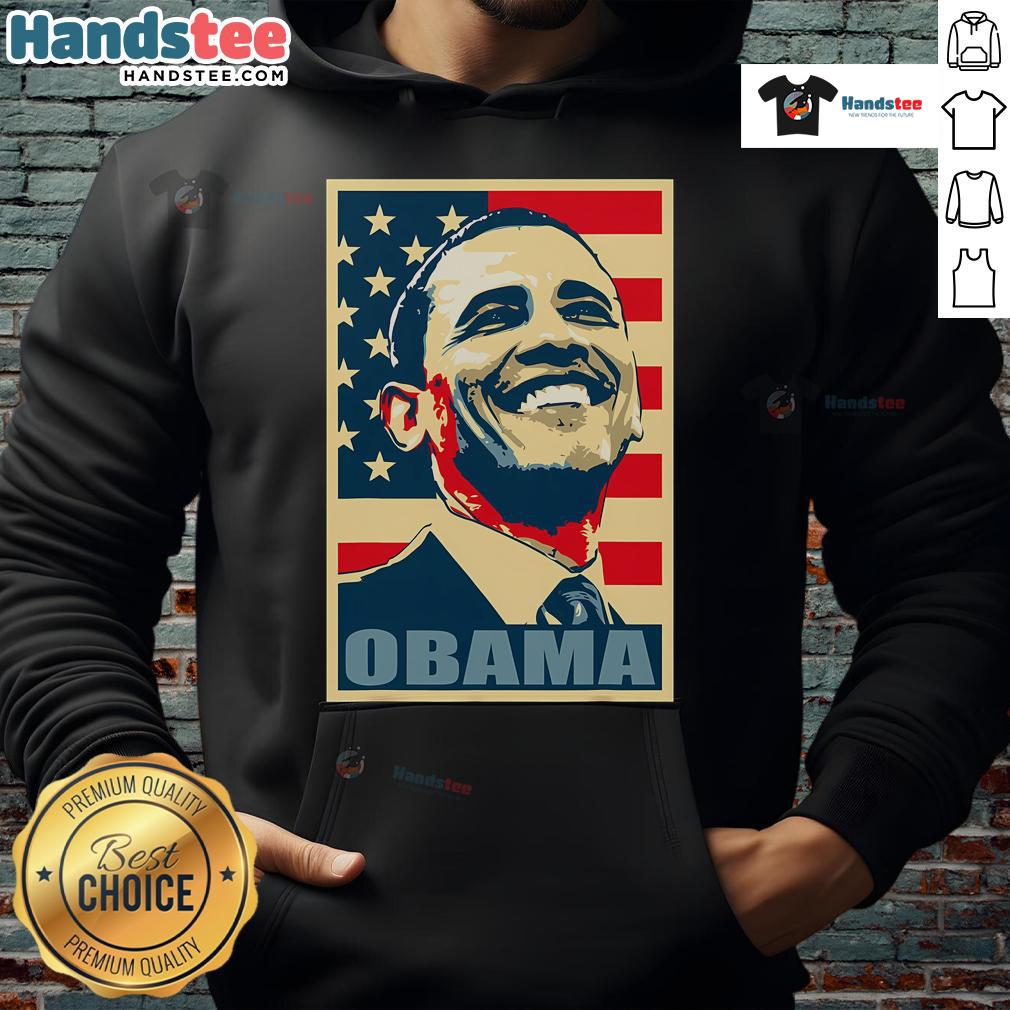 Happy Barack Obama in a hoodie with the American flag, representing the 44th President and Democrat values.