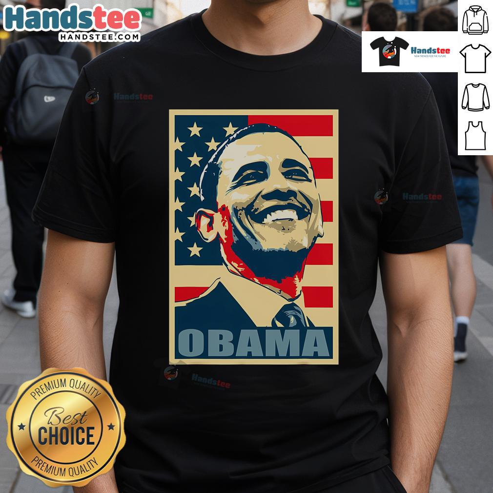 Happy Barack Obama wearing a 44th President t-shirt with an American flag, showcasing his Democrat pride.