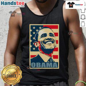 Happy Barack Obama wearing a tank top with the American flag, symbolizing his legacy as the 44th President and Democrat.