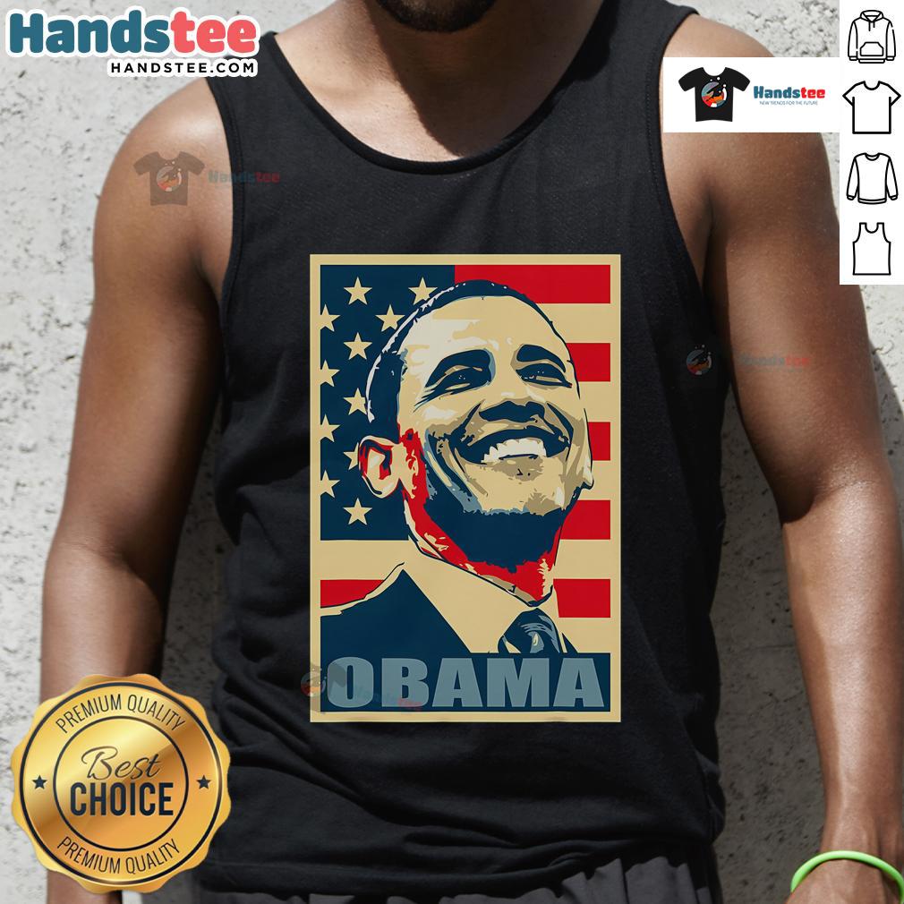 Happy Barack Obama wearing a tank top with the American flag, symbolizing his legacy as the 44th President and Democrat.