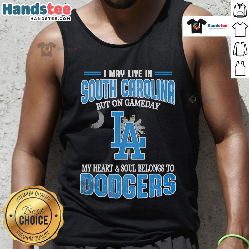 Alt Text: Woman wearing a Dodgers tank top, showcasing pride for the team while living in South Carolina on game day.