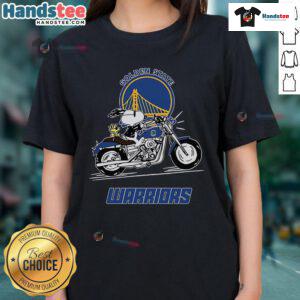 Alt Text: Happy Snoopy and Woodstock riding a motorbike on a Golden State Warriors ladies tee for fans and collectors.