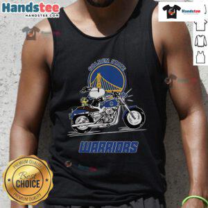 Happy Snoopy and Woodstock riding a motorbike in a Golden State Warriors tank top, showcasing fun and fandom.