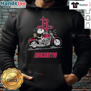 Snoopy and Woodstock joyfully riding a motorbike in a Houston Rockets hoodie, showcasing fun and team spirit.