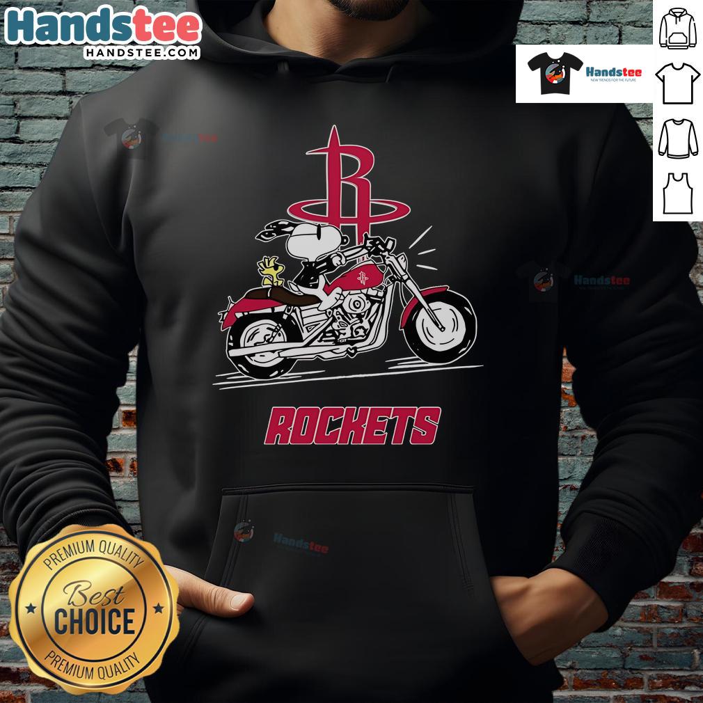 Snoopy and Woodstock joyfully riding a motorbike in a Houston Rockets hoodie, showcasing fun and team spirit.