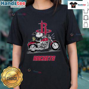 Happy Snoopy and Woodstock driving a motorbike on Houston Rockets ladies tee, perfect for fans and casual wear.