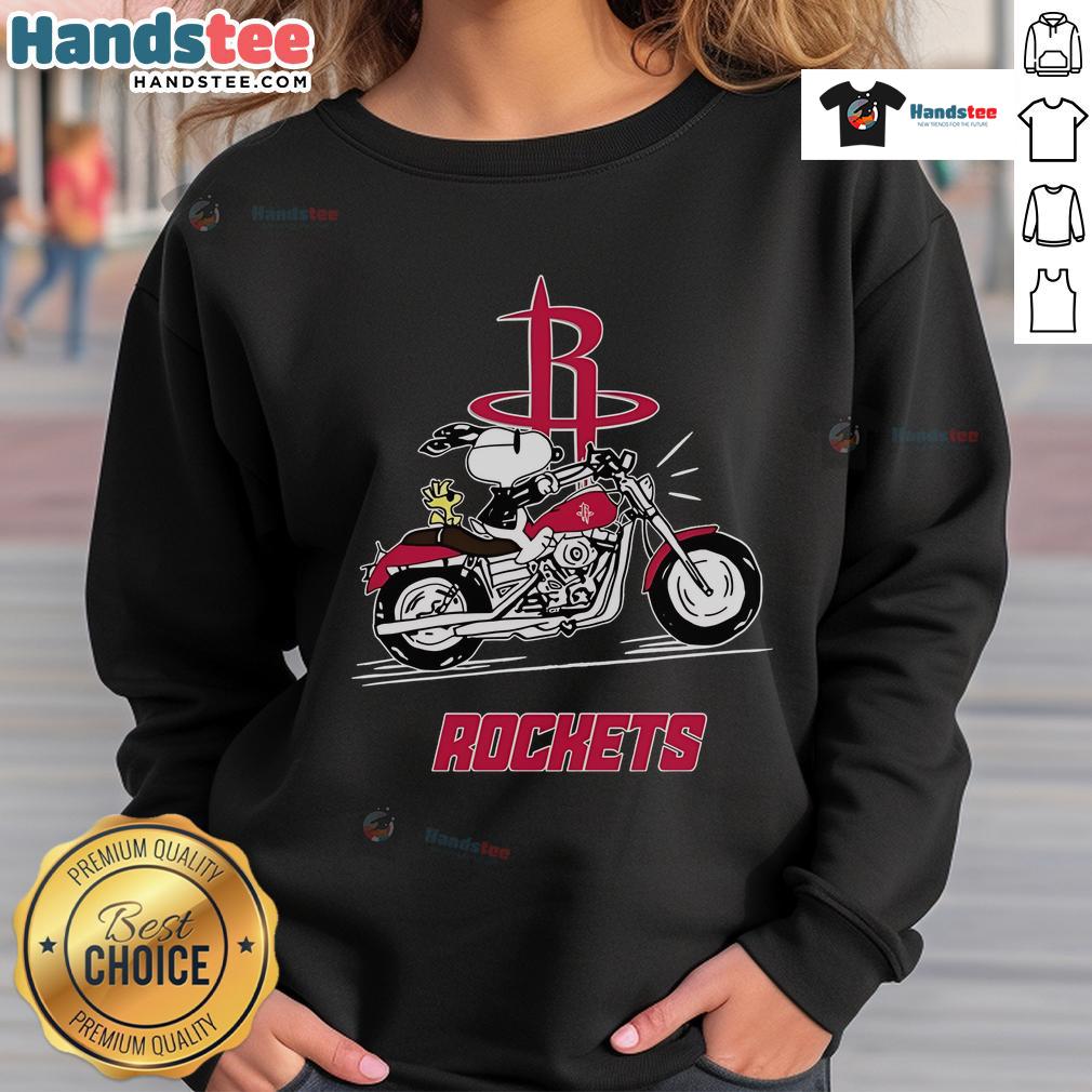Happy Snoopy and Woodstock driving a motorbike on a Houston Rockets sweatshirt, showcasing vibrant colors and fun design.