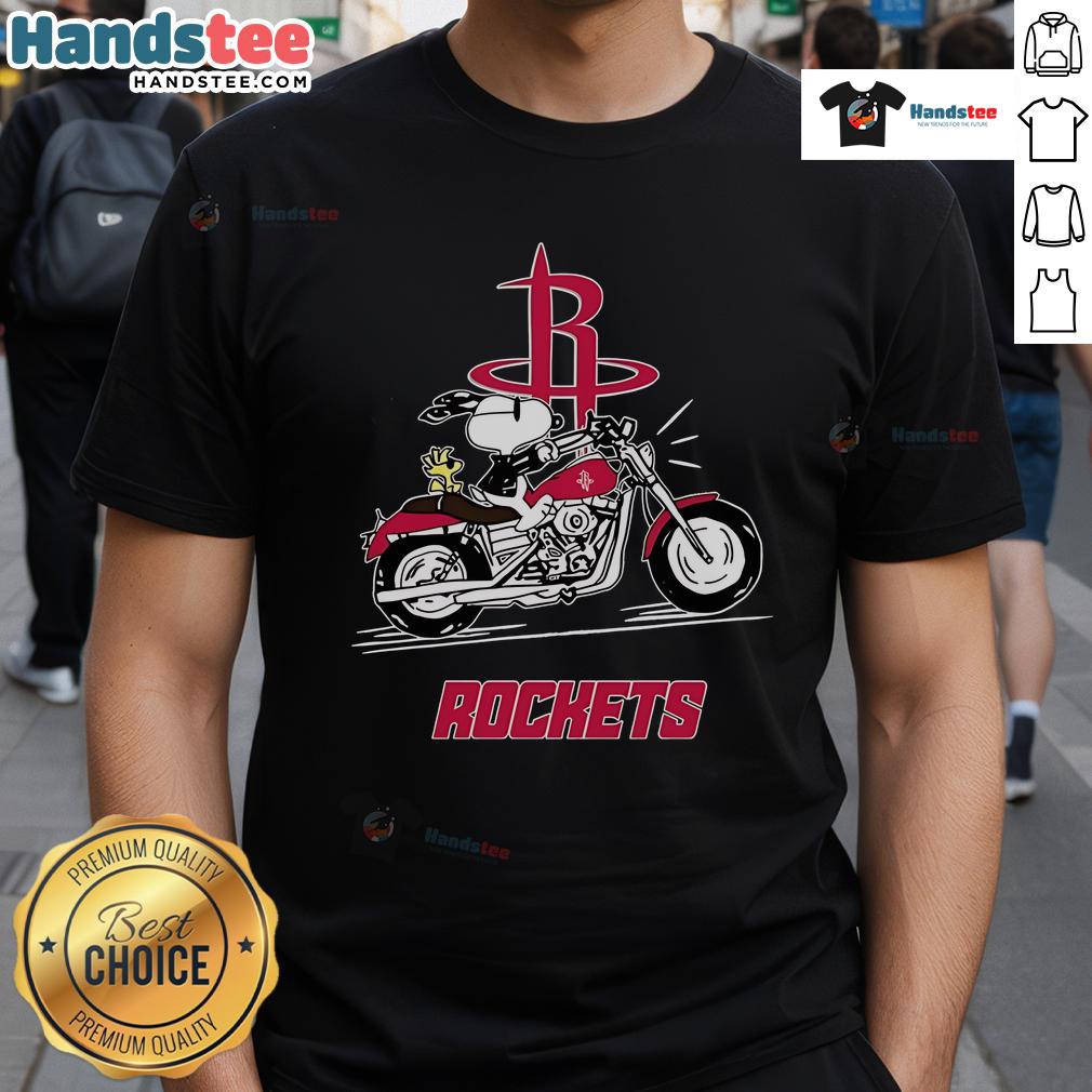 Alt Text: Happy Snoopy and Woodstock riding a motorbike on a Houston Rockets T-shirt design, showcasing vibrant colors and fun.