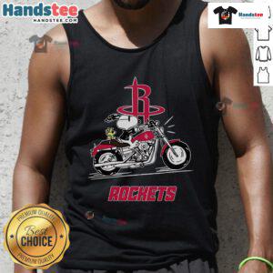 Alt Text: Happy Snoopy and Woodstock riding a motorbike, wearing a Houston Rockets tank top, showcasing fun and friendship.