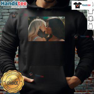 Hot Sabrina Carpenter and Jenna Ortega kiss while wearing a stylish 'Murder Hoodie' in a dramatic scene.