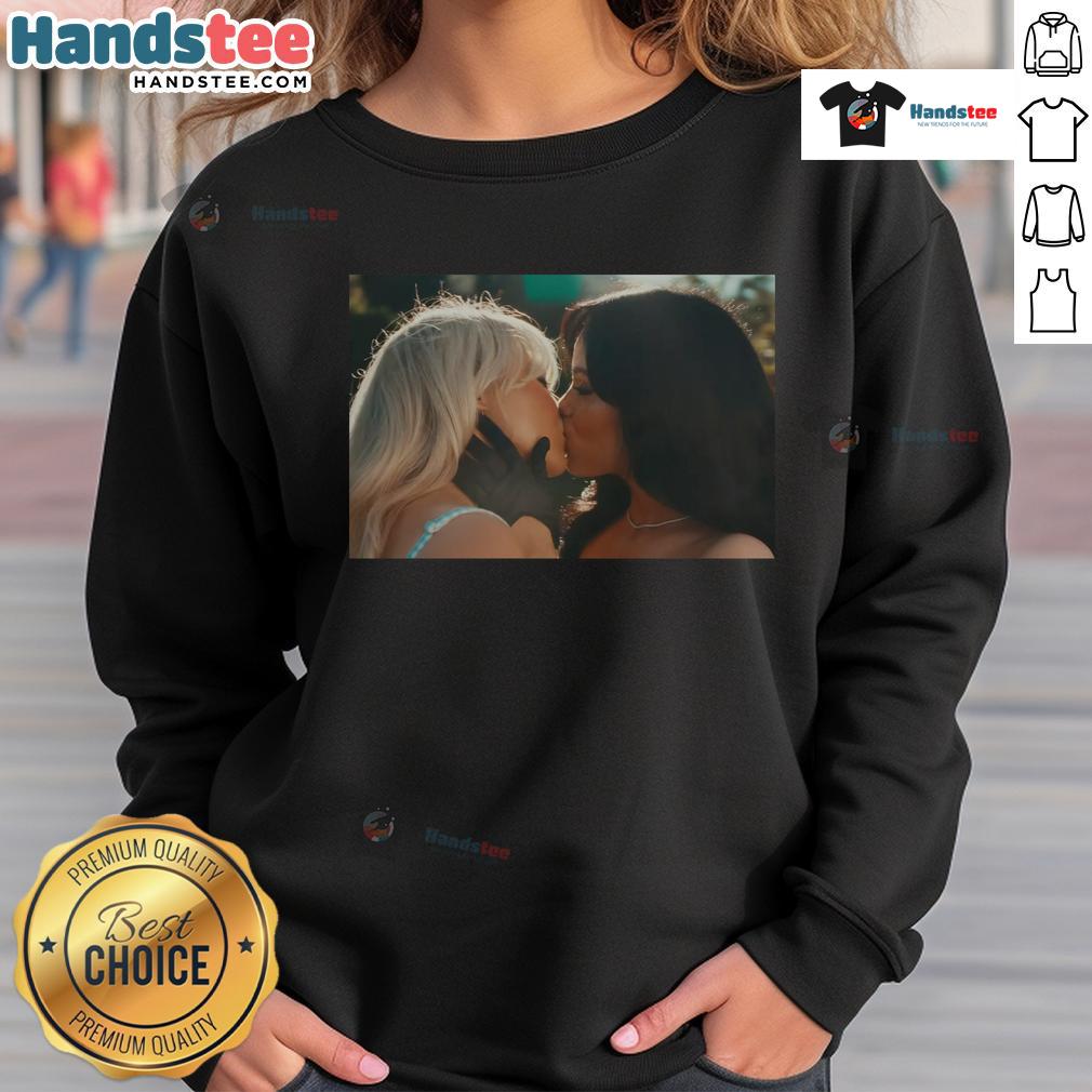 Hot Sabrina Carpenter and Jenna Ortega kiss in stylish murder sweatshirt, showcasing trendy pop culture fashion.