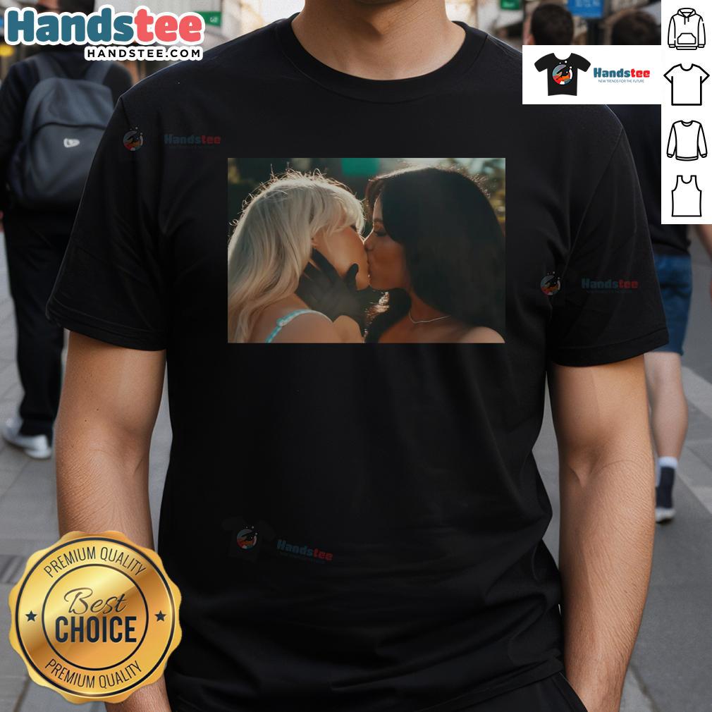 Hot Sabrina Carpenter and Jenna Ortega kiss on a murder T-shirt design, perfect for fans of the iconic duo and stylish merch.
