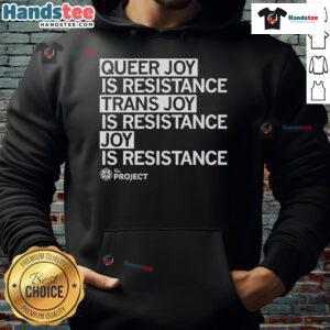 Colorful 'Joy Is Resistance' hoodie from Hot The Project QC, celebrating queer joy and trans joy in vibrant design.