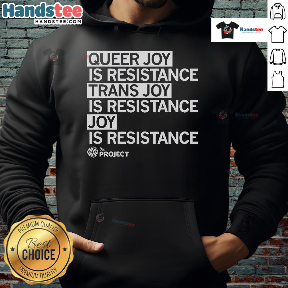 Colorful 'Joy Is Resistance' hoodie from Hot The Project QC, celebrating queer joy and trans joy in vibrant design.