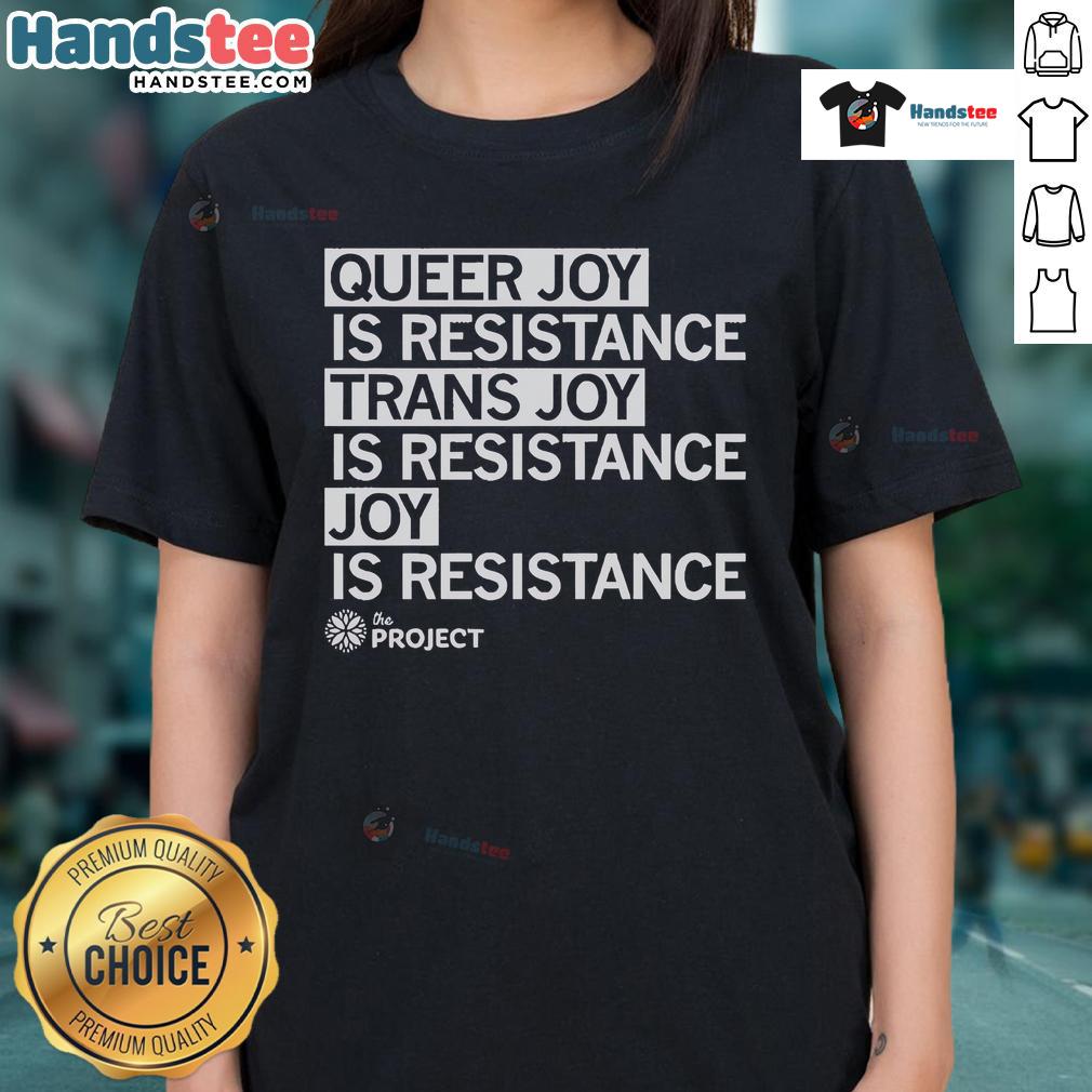 Hot The Project QC Queer Joy is Resistance Ladies Tee showcasing vibrant design celebrating trans joy and LGBTQ+ pride.
