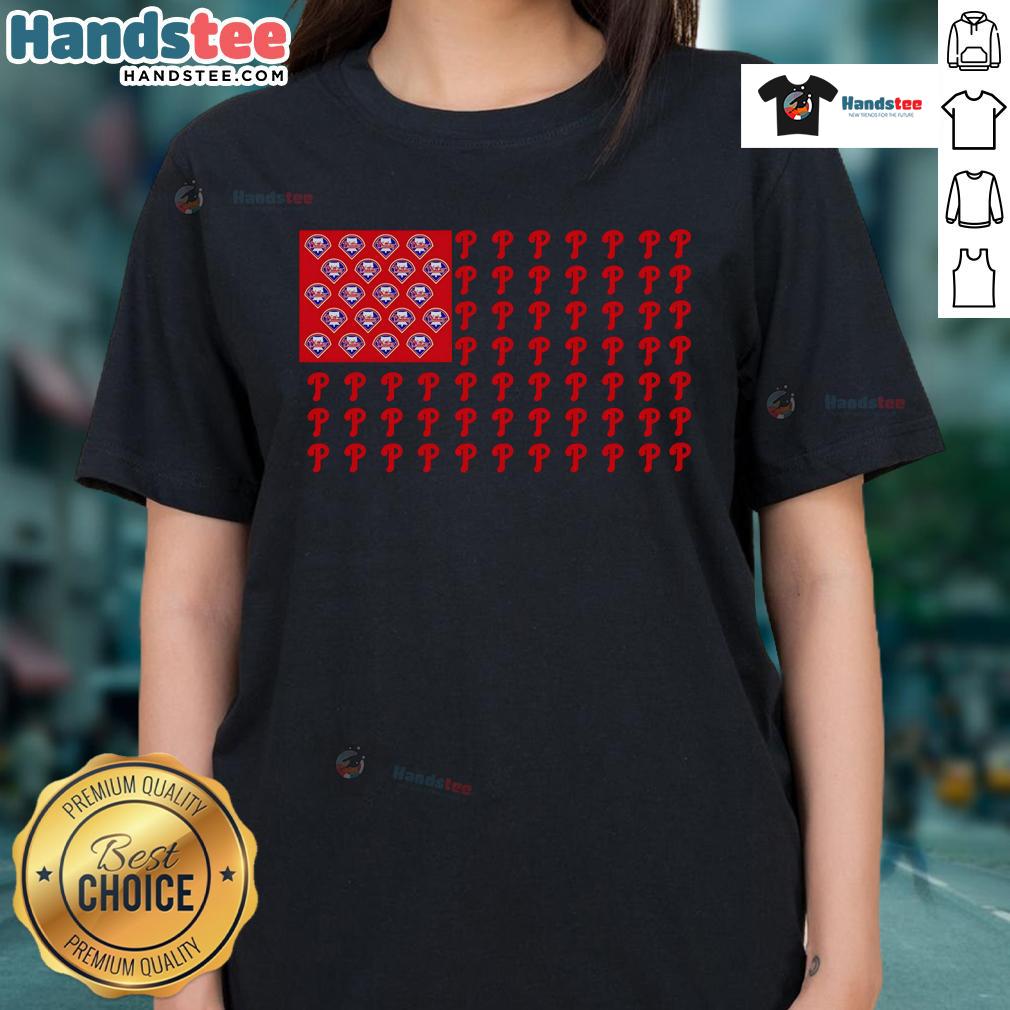 Philadelphia Phillies logo on an American flag background, featured on a stylish ladies tee shirt.