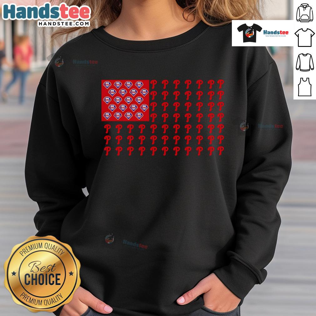 Alt Text: Philadelphia Phillies logo sweatshirt featuring American flag design for fans and sports enthusiasts.