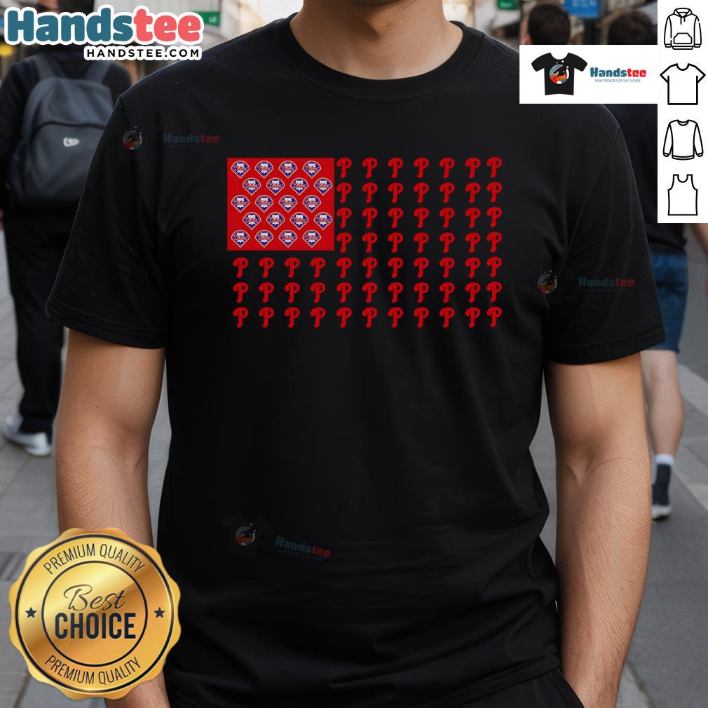 Philadelphia Phillies American Flag T-Shirt logo featuring patriotic design with team colors and stars and stripes.
