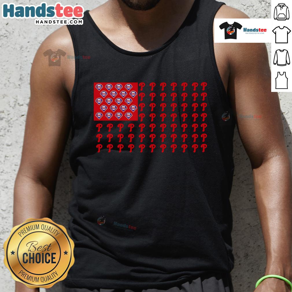 Philadelphia Phillies logo on an American flag tank top, perfect for baseball fans showcasing team spirit.