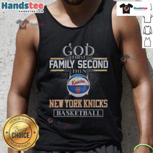 New York Knicks basketball fan wearing a 'God First Family Second' tank top, showcasing team spirit and style.