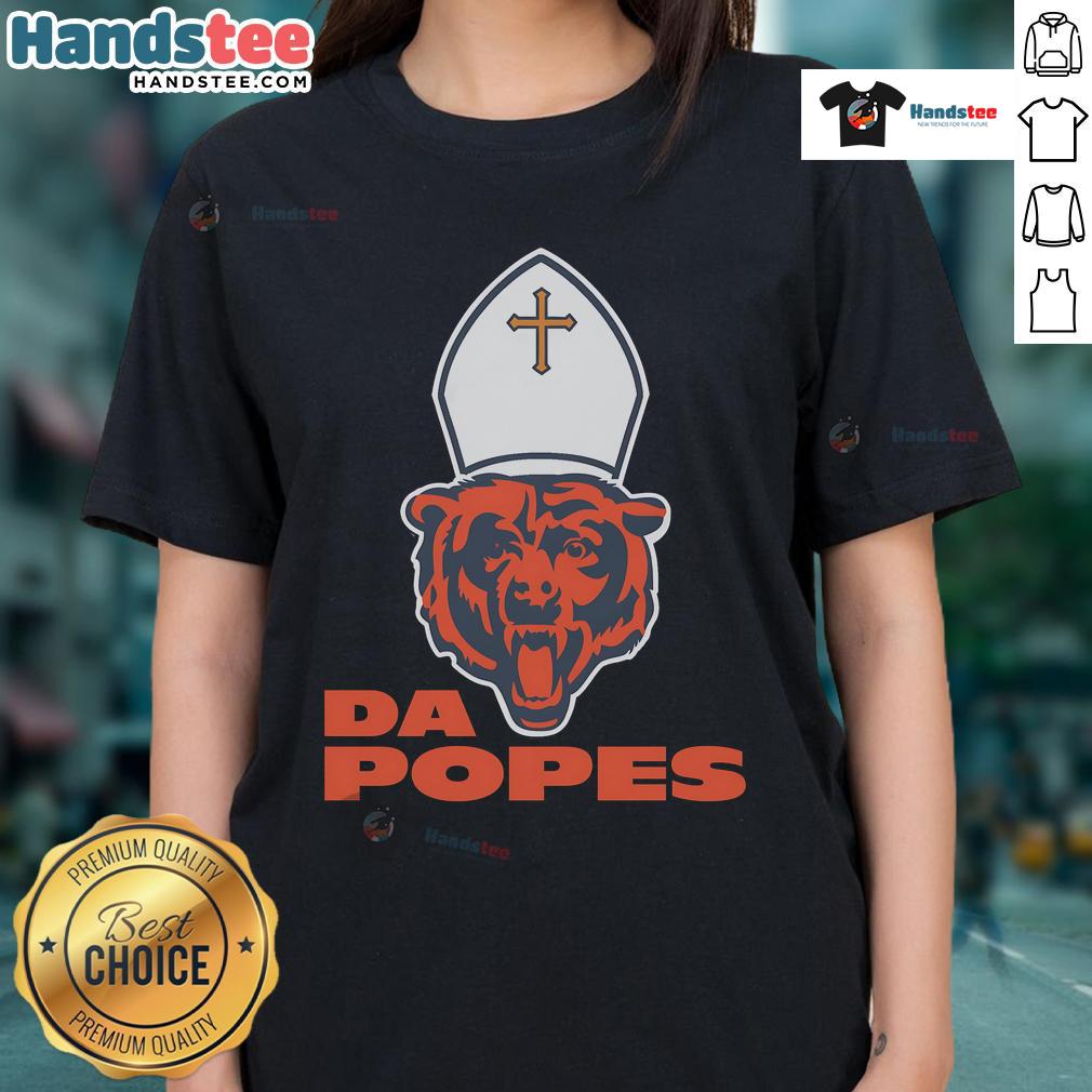 Alt Text: Nice Da Popes Chicago Bears football ladies tee featuring a stylish design for female fans of the NFL team.