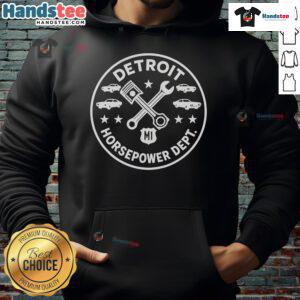Nice Detroit Horsepower Department M1 Woodward hoodie displayed on a mannequin, showcasing stylish automotive apparel.
