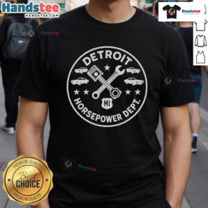 Nice Detroit Horsepower Department M1 Woodward T-Shirt featuring a stylish design for car enthusiasts and Detroit fans.