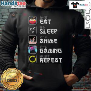 Cozy Japan Kawaii hoodie featuring 'Eat Sleep Anime Gaming Repeat' design, perfect for manga and anime fans.