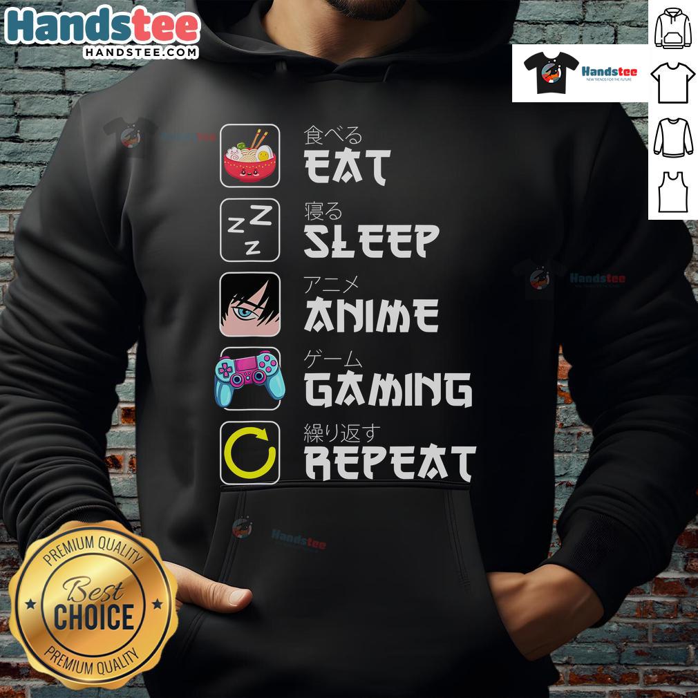 Cozy Japan Kawaii hoodie featuring 'Eat Sleep Anime Gaming Repeat' design, perfect for manga and anime fans.