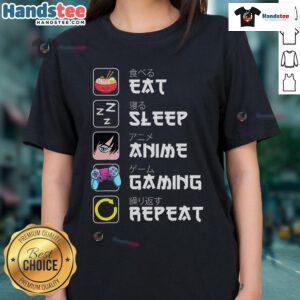 Anime ladies tee featuring 'Eat Sleep Anime Gaming Repeat' design, perfect for manga and kawaii fans.