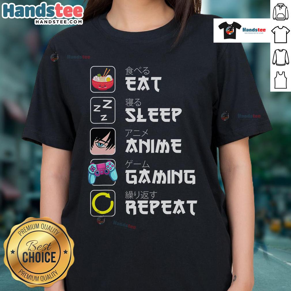 Anime ladies tee featuring 'Eat Sleep Anime Gaming Repeat' design, perfect for manga and kawaii fans.