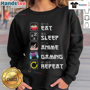 Cozy 'Eat Sleep Anime Gaming Repeat' sweatshirt featuring cute Kawaii manga design, perfect for anime lovers.