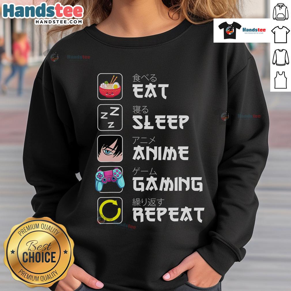 Cozy 'Eat Sleep Anime Gaming Repeat' sweatshirt featuring cute Kawaii manga design, perfect for anime lovers.