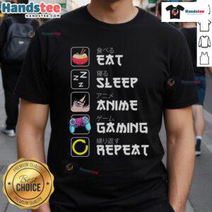 Nice Eat Sleep Anime Gaming Repeat Japan Kawaii Manga Anime T-Shirt featuring vibrant graphics and playful design.