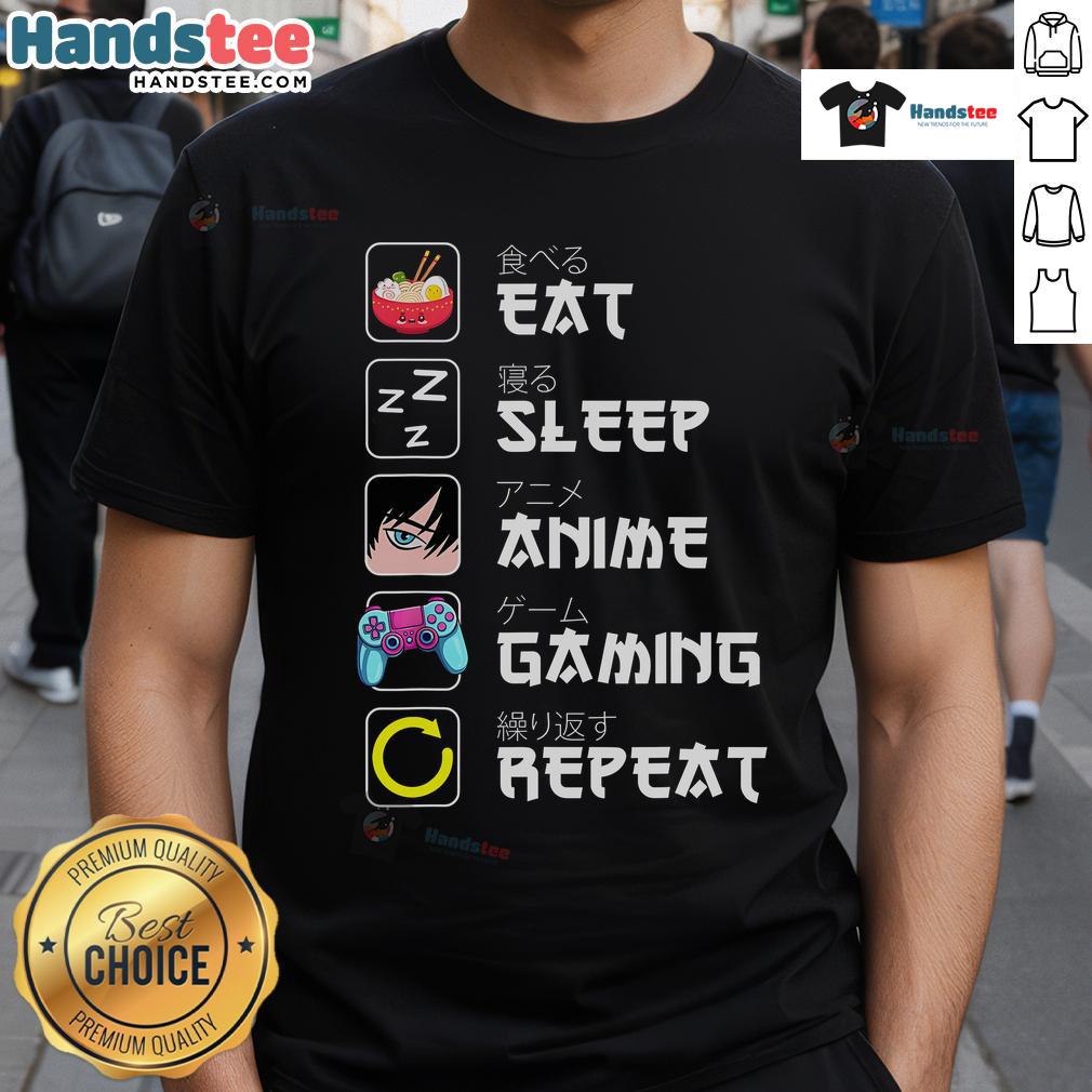 Nice Eat Sleep Anime Gaming Repeat Japan Kawaii Manga Anime T-Shirt featuring vibrant graphics and playful design.