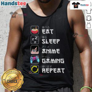 Trendy tank top featuring 'Eat, Sleep, Anime, Gaming, Repeat' in kawaii manga style, perfect for anime fans.