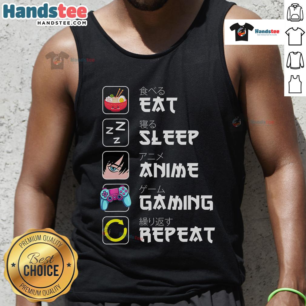 Trendy tank top featuring 'Eat, Sleep, Anime, Gaming, Repeat' in kawaii manga style, perfect for anime fans.