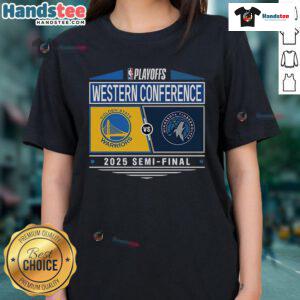 Alt Text: 2025 Western Conference Semifinal matchup tee featuring Golden State Warriors vs Minnesota Timberwolves design.